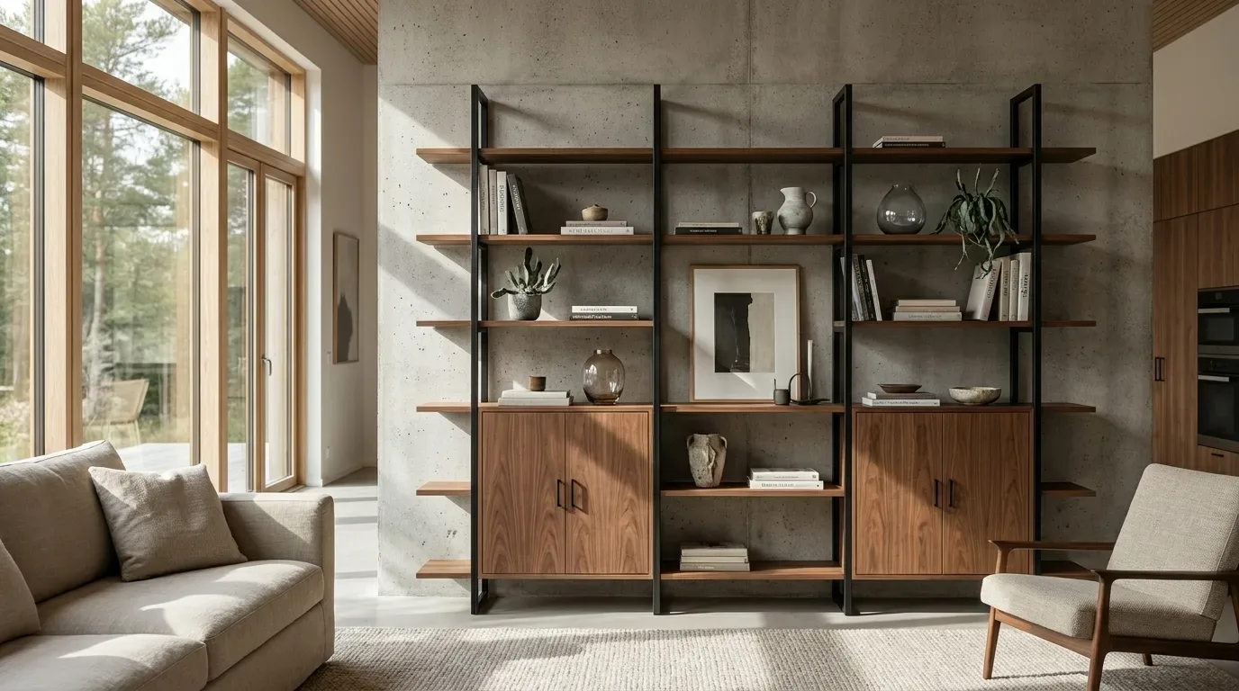 Großes offenes Regal mit schwarzem Stahlrahmen und Massivholzböden aus Nussbaum, bestehend aus drei Segmenten vor einer Betonwand. Im unteren Bereich sind zwei Holzschränke mit schlichten Griffen integriert. Die Böden sind dekorativ mit Büchern, Vasen, Pflanzen und Kunstobjekten bestückt. Das Regal 