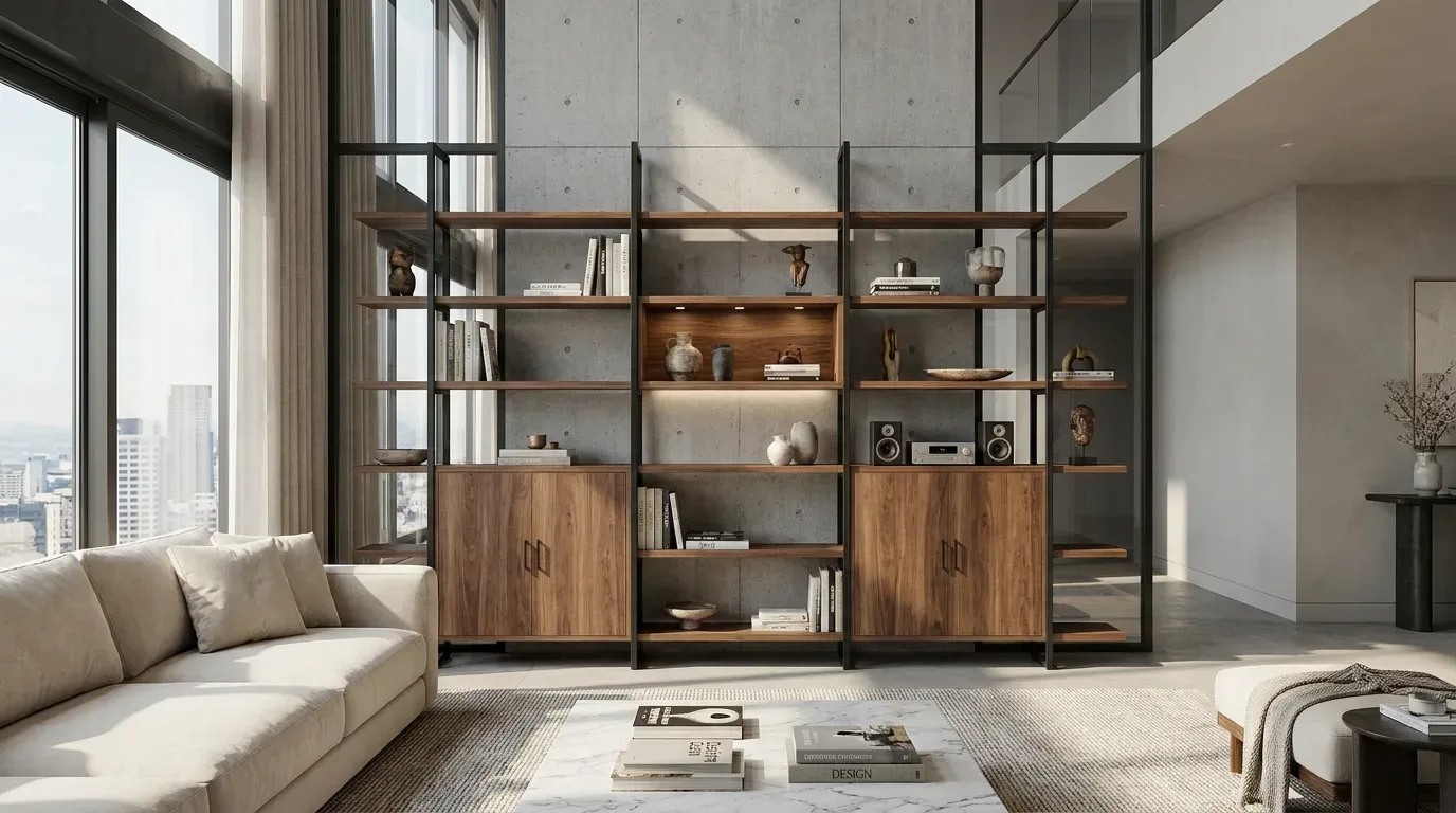 Großes offenes Regal mit schwarzem Stahlrahmen und Massivholzböden aus Nussbaum, integriert in ein modernes Wohnzimmer mit Betonwand und Stadtpanorama. Das Regal umfasst mehrere offene Ablageflächen sowie zwei geschlossene Holzschränke im unteren Bereich mit schlichten Griffen. Dekoriert mit Büchern