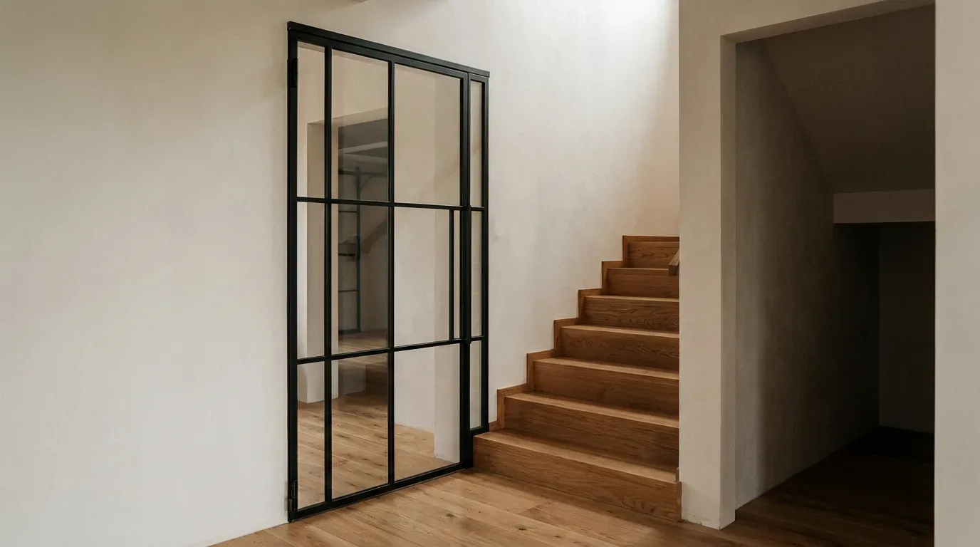 Eine zweiflügelige Stahl-Glas-Tür mit schwarzem Stahlrahmen und Sprossengliederung ist in eine weiße Wand eingebaut. Die Tür zeigt deutlich sichtbare Scharniere an der rechten Kante sowie einen schmalen Spalt zwischen Türblatt und Rahmen. Im Hintergrund ist ein weiterer Raum erkennbar, rechts danebe