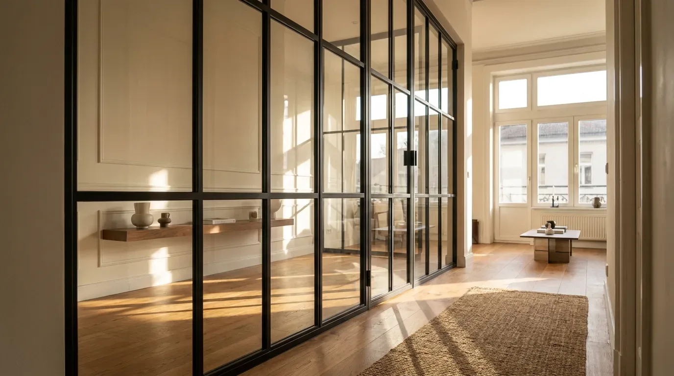 Eine großformatige Stahl-Glas-Trennwand mit schwarzem Stahlrahmen und mehreren Glasfeldern unterteilt einen hellen Altbau-Wohnraum. Im mittleren Bereich der Wand ist ein Türgriff sichtbar, was auf einen integrierten Türflügel hinweist. Durch die Glasfelder fällt warmes Sonnenlicht auf den Eichenpark