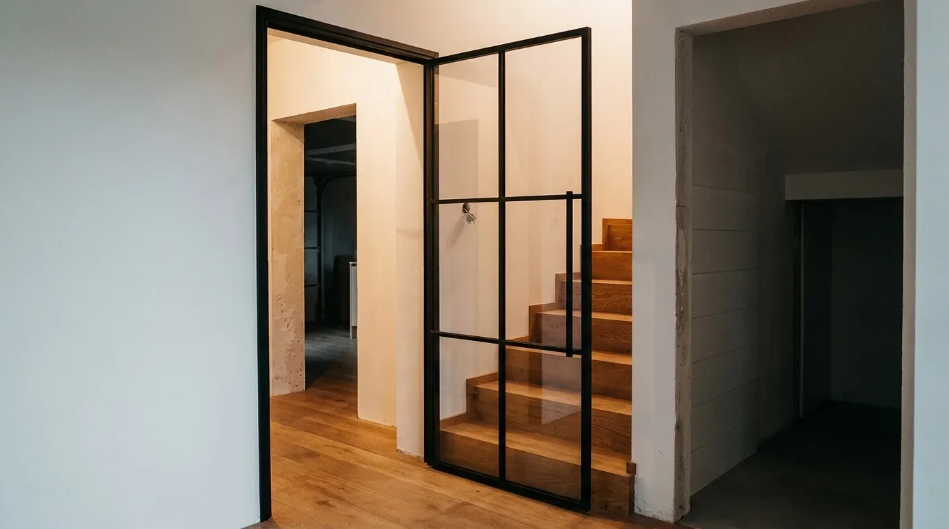 Eine einflügelige Stahl-Glas-Tür mit schwarzem Stahlrahmen und Sprossenstruktur ist halb geöffnet und gibt den Blick auf eine Holztreppe frei. Am Türblatt ist ein silberfarbener Griff deutlich sichtbar. Der Boden besteht aus hellem Eichenparkett, die Wände sind weiß verputzt. Die Tür ist in einen sc
