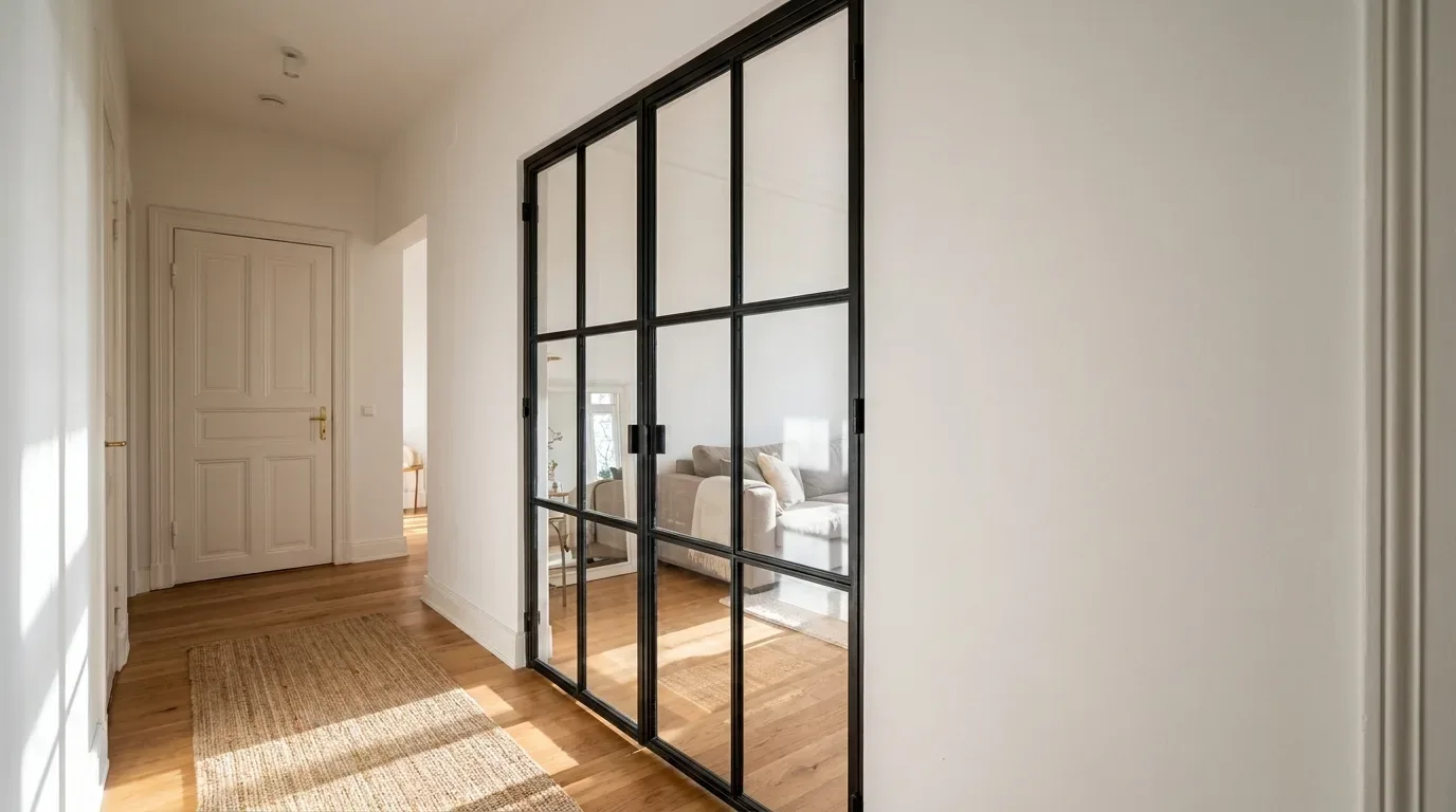 Eine zweiflügelige Stahl-Glas-Tür mit schwarzem Rahmen trennt den Flur vom Wohnzimmer. Die Tür besteht aus je drei Glasfeldern pro Flügel und ist in einen wandbündigen Rahmen eingesetzt. In der Mitte sind deutlich zwei schwarze Griffe sowie Scharniere an den Außenkanten sichtbar. Der Boden ist mit h