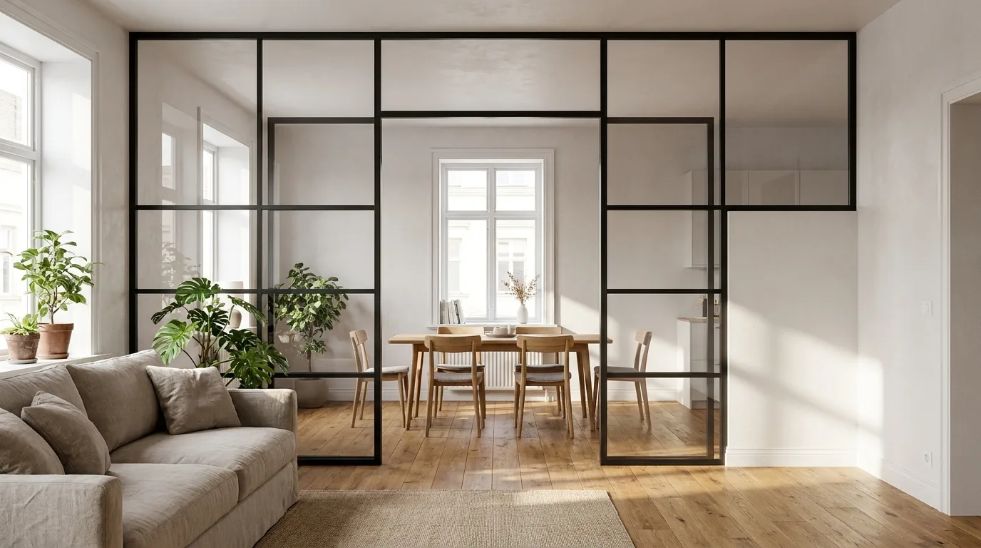 Fixed steel and glass room divider with black steel frame and multiple glass panels separating a living area from a dining room. The divider features a wide central passage without a door, handle, or hinges. A wooden dining table with chairs and large windows are visible in the background. The floor