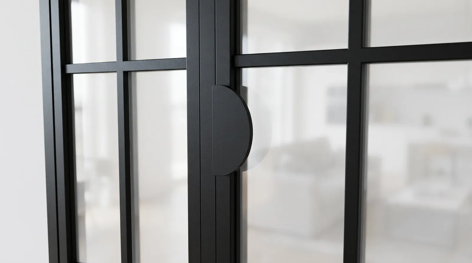 Puerta de loft, detalle: tirador de media luna en el marco de acero de una puerta de dos hojas (visualización).