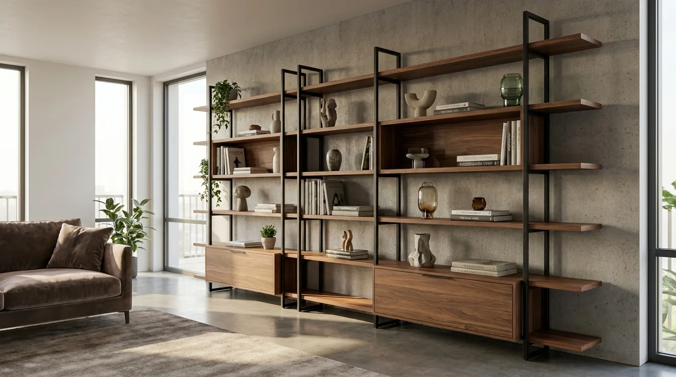 Großes offenes Wandregal mit schwarzem Stahlrahmen und Massivholzböden in Nussbaum-Optik, bestehend aus mehreren Feldern mit integrierten Holzschränke